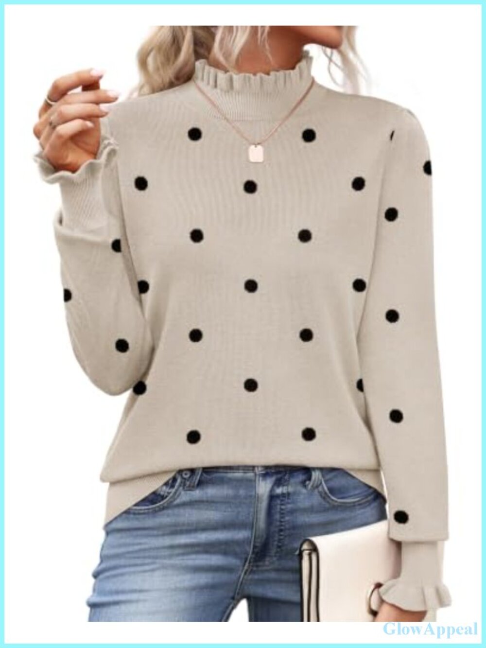 Turtleneck Sweater Ruffle Mock Neck Flared Cuffs Knit Long Sleeve Pullover